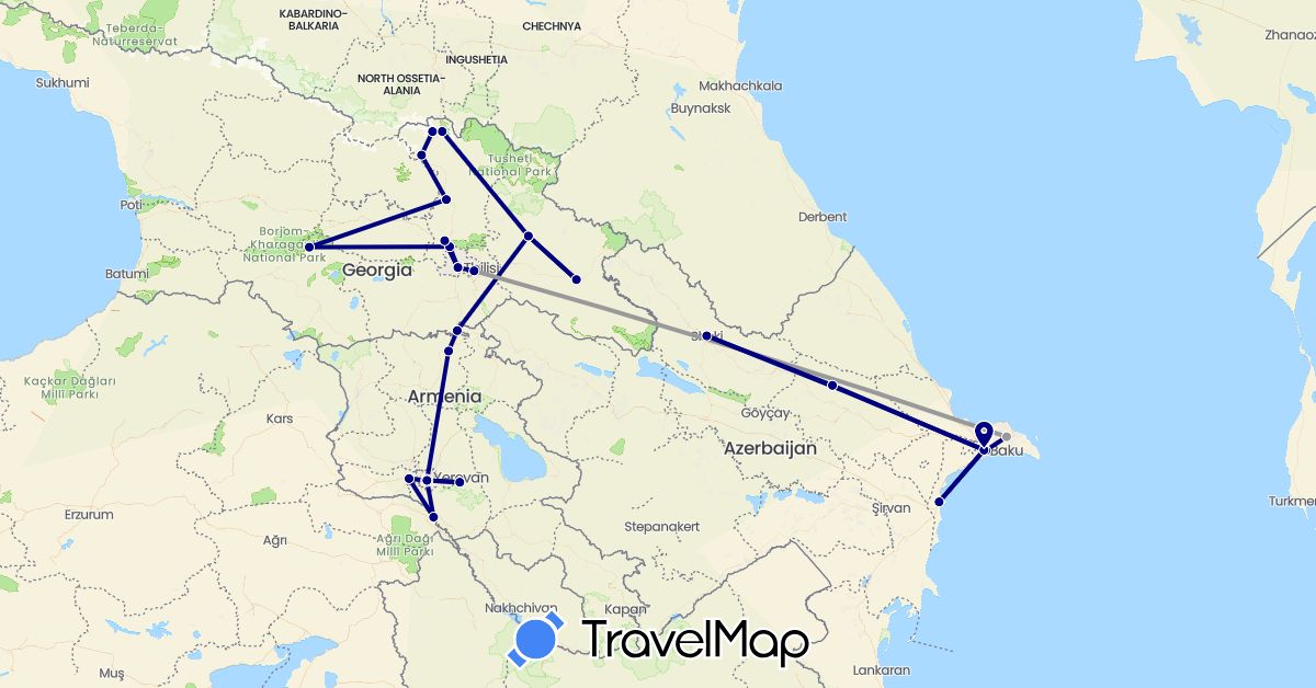 TravelMap itinerary: driving, plane in Armenia, Azerbaijan, Georgia (Asia)